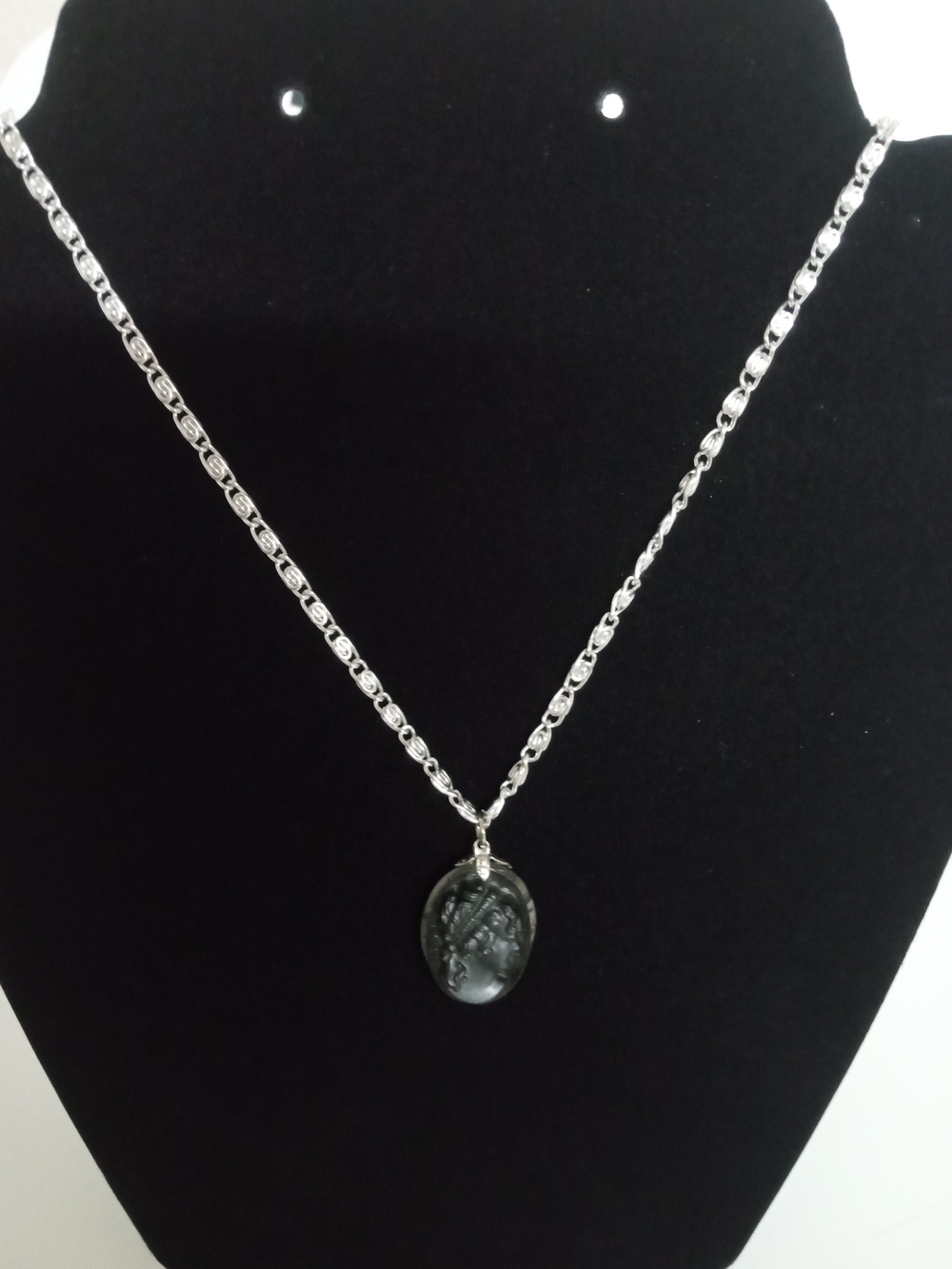 Vintage Silver (Germany) Chain Necklace with Black Cameo Pendant - Women Jewelry